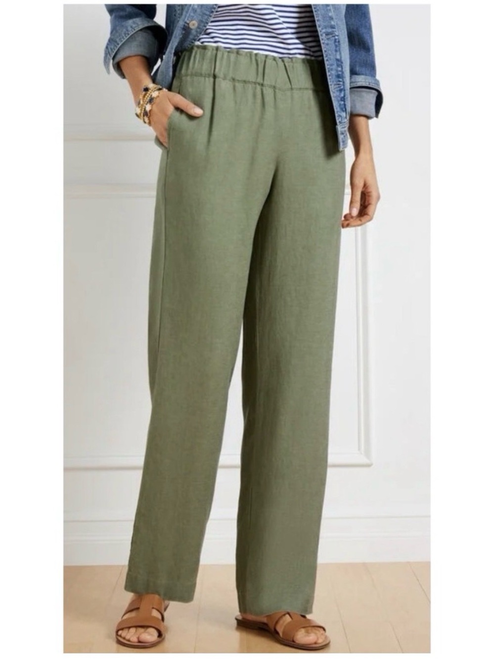 Talbots Nantucket Pull on Wide Leg 100% Linen Pants in Sage Green MP